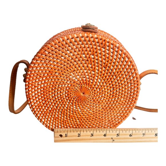 Rattan Orange Round Crossbody Bag Circle Leather Shoulder Strap Boho - Picture 6 of 8